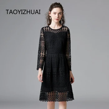 TAOYIZHUAI toamna iarna dantelă neagră femei o rochie gât maneca stil vintage straight plus dimensiune lungime genunchi pentru petrecerea 14348