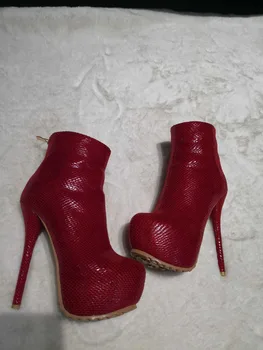 Botas mujer sezy red platforma cu toc glezna cizme pentru femei piele de sarpe de imprimare rotund toe fermoar pantofi de nunta femeie size47