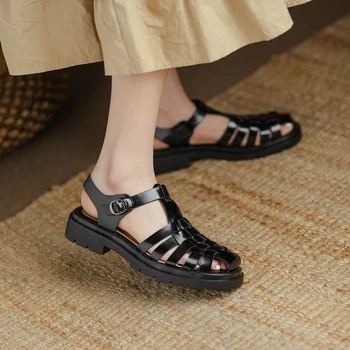 Alb Negru Din Piele Tocuri Joase Sandale Cu Platforma Femei Vara Retro Pantofi Casual Sandales Femmes 2021 Sandalias Mujer