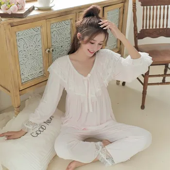 Primăvara Modal Tifon Maneca Lunga Femei Dantelă Albă Seturi de Pijamale de Epocă Printesa Pijamale Fete Dulci Acasă îmbrăcăminte de noapte