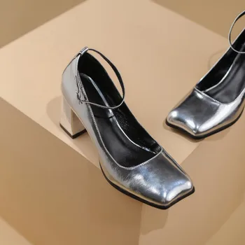 Piele Naturala Toc Gros De Aur Cataramă De Argint Square Toe Pantofi Mary Jane Personalitate Epocă Ciucuri Singur Pantofi Sandale Femei