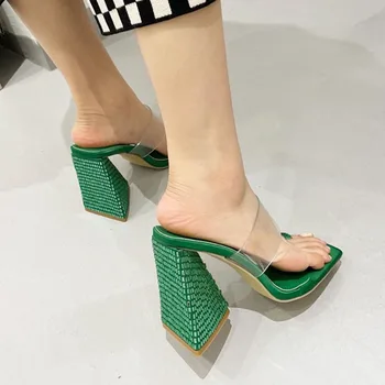 2022 Noi de Vara Femei Verde de CRISTAL Triunghi Toc Gros Papuci Fashion Square Toe Slip Pe Rochie Sandale Pantofi de Dimensiuni Mari 35-41
