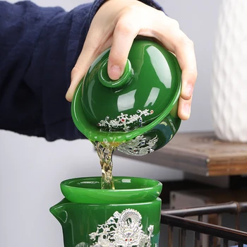 150ml de Jad de Ceai din Portelan Castron de Lux Ceai Strachină Chineză Teaware Cupa de Argint Farfurie Capac Set Creativ Cesti de Ceai Decor de Colectare