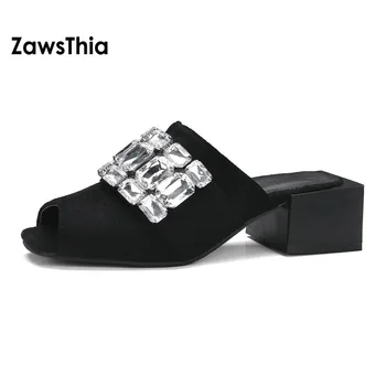 ZawsThia de vară 2020 nou indesata pătrat tocuri inalte slide papuci femeie cristal catâri femei alunecare pe pantofi plus plus size 46 48