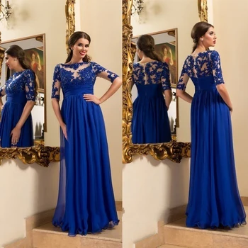 2019 Royal albastru Dantelă Plus dimensiune Mama de mireasa rochii de O linie de Jumătate maneca Elegante Lungi de Seara rochii Femei rochie Iluzie
