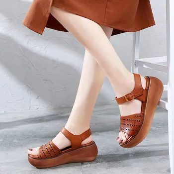 HOVINGEHandmade Piele Naturala Vintage Gol Model Împletit Platforma Sandale Casual De Vara Pentru Femei Pantofi Plat Noi 2020