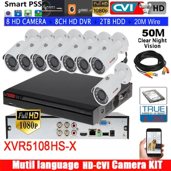 XVR5108HS-S3 8ch CVI Camera de Securitate de Sistem includ 8pcs 2MP 1080P Impermeabil HDCVI bullet IR HAC-HFW1200S PSS suport