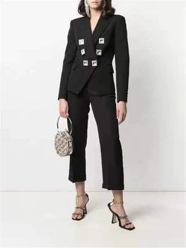 Nume mari 2022 primăvară costum nou de guler stras buton sacou femei butonul de moda casual, talie mare negru costum de mic