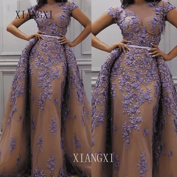 Manches courtes violet robe orizontal serată détachable jupe dantelei Aplicatiile perlée luxe Halat formelle 2020 Robe De soirée