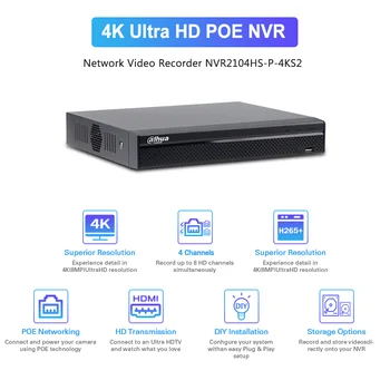 Dahua 4K 8MP POE NVR NVR2104HS-P-4KS2 H265+ 4CH CCTV Două-mod Talk Recorder Video Pentru Camera IP de Securitate de Sistem Kit