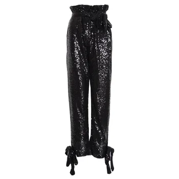Trendy Streetwear Îmbinat Cu Paiete, Pantaloni Creion Negru Pentru Femei De Înaltă Curele Talie Subțire Sclipici Primăvară Pantaloni Lungi Femei Haine