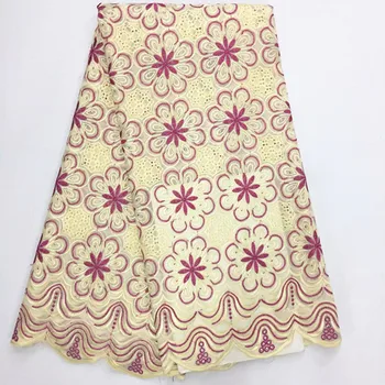 5 Metri/lot de vânzare la Cald galben africane bumbac tesatura dantela cu flori violet design elvețian voile dantela pentru haine BC133-7