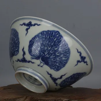 Rare MingDyansty castron de portelan,Albastru & alb ,Chenghua Păun deschide,de Mână-pictate,de Colectare și de Podoabă,transport Gratuit