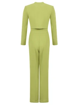 ECRURANI Verde Două Bucata Set pentru Femei V-Neck Maneca Lunga Tiv Neregulate de Sus Plin de Talie Mare Lungime Vrac Solid Pant Costume 2021 Stil