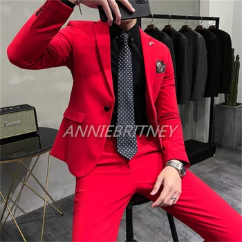Moda De Nuntă Pentru Bărbați Costum Roșu Notch Rever Slim Fit 2 Buc(Sacou+Pantaloni)Personalizate Formale Cel Mai Bun Om De Partid Smoching Set