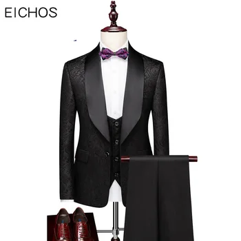 Mens Nunta Fracuri Costume 2020 Design Personalizat Jacard Negru Alb Roșu Costum Pentru Bărbați Sacou Slim Fit Pantaloni și Vestă