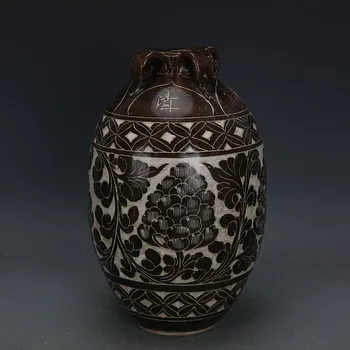 Antic SongDynasty Cizhou cuptor culoare negru gravate patru-line, portelan, sticla,Decor Acasă colectare & adornment1903