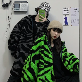 2021 Iarna Streetwear Model Zebra Miel Lână Îngroșa Cald Cu Fermoar Cu Gluga Captusit Haine Femei Barbati Harajuku Liber Uza