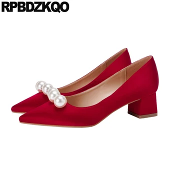 Sandale De 3 Inch Celebritate Pompe De Onoare Femei Catâri Papuci De Casă Bloc Satin Pantofi De Argint Perla Roșu Tocuri Ascuțite Toe Fete
