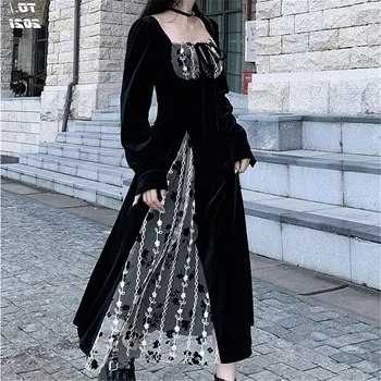 Retro Femei de Moda Rochie de Întuneric Dantela Mozaic Maneca Lunga Pulover de Talie Mare Libertate de Primăvară de Toamnă Doamnă a-line Rochie Neagră