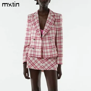 MXTIN 2021Women Primăvară Epocă Sacou Carouri Haina de Moda Rever Guler Dublu Breasted Doamnă Birou de sex Feminin de Îmbrăcăminte exterioară Topuri Chic
