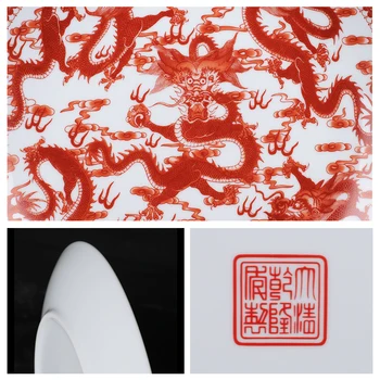 Albastru și Alb Arta ceramicii Ornamentale Placă China Antică Cinci Dragoni Decor de Bază de Lemn de Porțelan Tradițională Chineză Placa