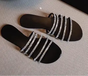 Carpaton Vara Sexy Papuci De Cristal Femeie Sandale Casual Plat Diapozitive Pietre Pantofi De Nunta Negru Argintiu