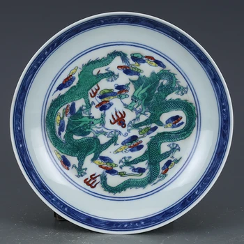 Qing Yongzheng Doucai Dragon Și Phoenix Model de Placă de Porțelan Antic Antic pictat Ornamente