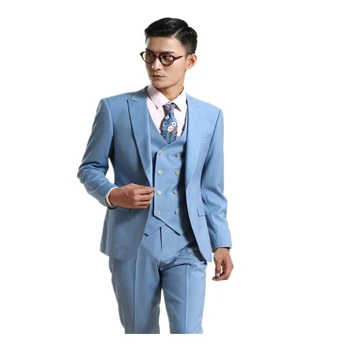 New Sosire Vârf Rever Bărbați Cer Albastru Costume Personalizate de Vânzare Fierbinte Pieptul Singur Moda Casual Blazer 3 Piese Skinny