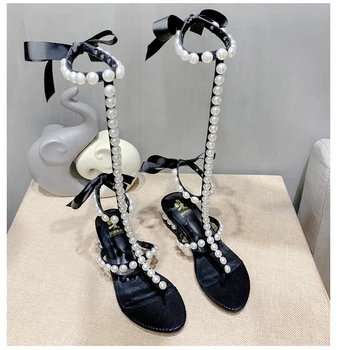 Mare Tube Femei Sandale Tocuri Joase Flip-flop Sandale Perle Dantelă Sus Înapoi Pantofi Petrecere de Vara cu Caise Negru