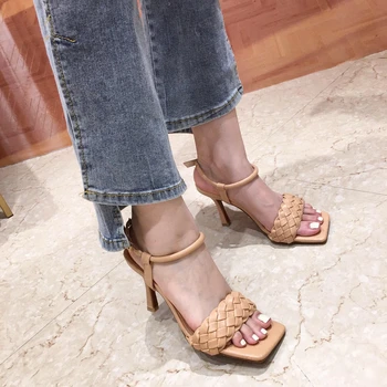 Vara noi de pantofi pentru femei square toe sandale sandale țesute cataramă de moda tocuri inalte dimensiune 35-41