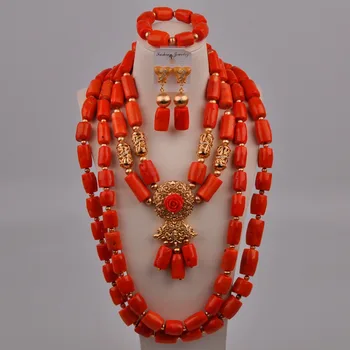 4 Rânduri Rosu/Alb /Portocaliu Nigerian Margele De Coral Costum Colier Din Africa Set Bijuterii Femei Bijuterii De Mireasă Seturi 2-18-H3