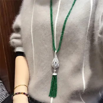 Vinde fierbinte naturale JAD verde micro inlay zircon mare picătură de apă pandantiv colier ciucure lung lanț pulover moda bijuterii