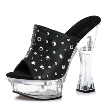 Negru 6 Inch Super Mare Stripteuză cu Toc Polul Pantofi de Dans Concis, Clar, de Cristal Platforma de Femei Papuci de casă 14CM Dimensiuni Mari, Pantofi