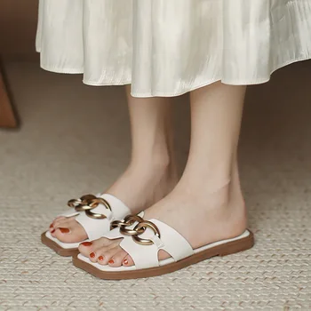 Zar Papuci Femei de Vară de Lux 2021 Noi Deget de la picior Pătrat de Metal Sandale Casual Plat Feminin Alunece pe Tobogane Femeie Pantofi Plus Dimensiunea 39