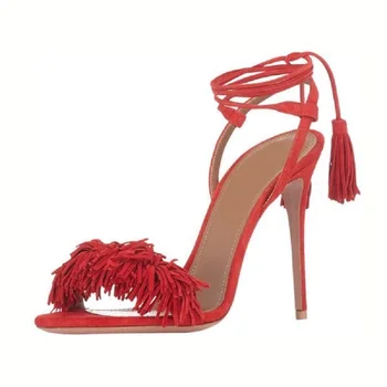 Intenția inițială Femei Sandale Sandale Franjuri Roșu Ciucuri Stilet Tocuri Strappy Lace-Up Pantofi Femei Plus Dimensiune 3-16