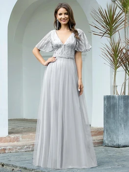 Niciodată Destul de domnișoara de Onoare Dress Elegant V Gatului Maneca Scurta O-Linie Tul en-Gros 2021 Rochii de Seara Vestidos De Gala EP00502GY