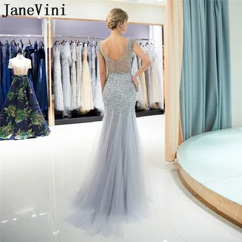 JaneVini jurk lang Gri Sirena Rochii de Bal 2019 Sclipitoare Cristal Margele Lungi de Gala Rochii cu Bijuterii Tul Petrecere de Seara Rochie