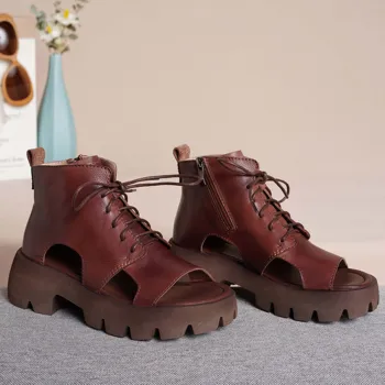 Manual de piele noua de pantofi pentru femei cu fund gros pantofi de piele de vacă gură de pește sandale casual cool cizme dantela-up