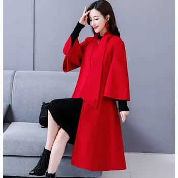 UHYTGF Toamna haina de iarna femei mici parfumuri black red calitate haină de lână Dantelă-up elegant Subțire de sex feminin strat abrigo mujer 720