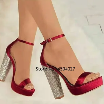 Bling Bling Cristal Tocuri Indesata Sandale Cu Platforma Glezna Curea Cataramă Pantofi Rochie Aurie, Roșie Strălucitoare Pompe De Nunta