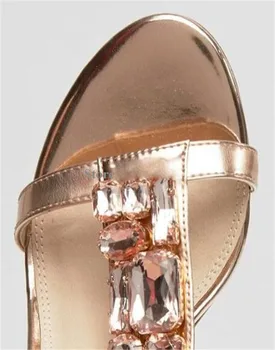 Femeile Șampanie Aur Indesata Toc Sandale cu Margele de Lux Pearl Pantofi Rochie Stralucitoare de Cristal T-bar Curea Toc Gros Pompe