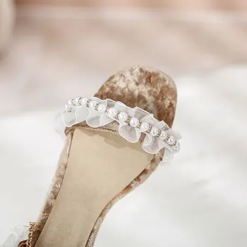 Lasyarrow Moda Toc Patrat Pearl Femei Sandale 2021 Volane Din Dantela Șir De Mărgele Tocuri Deget De La Picior Deschis Zână Stil De Sex Feminin Pantofi