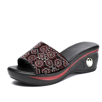 Vara Papuci Femei Stras Piele Doamnelor Pantofi De Moda Pene Tocuri Sandale 2020 Slide-Uri În Aer Liber Zapatos De Mujer