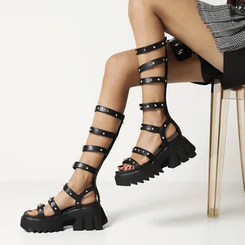 Street Style Roman Genunchi Ridicat Sandale Gladiator Femei Nit Platforma Indesata Toc Punk Rock Gotic Pantofi Cu Fermoar Confort