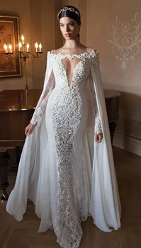 Vestido de noiva sereia 2018 Dantela Vintage cu Margele Etaj Lungime Sirenă Maneca Lunga rochie de Mireasa Folie mama de rochii de mireasa