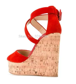 Piele De Căprioară Roșie Cruce Curea De Platforma Wedge Sandale De Moda Pentru Femei Peep Toe Lemnului Pană Pantofi Cu Toc Doamna De Mari Dimensiuni Dulce Petrecere, Pantofi