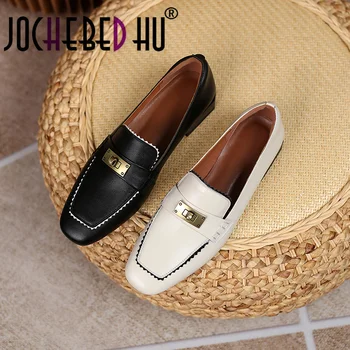 【JOCHEBED HU】Moda Casual, Mocasini Femei Nou de Primăvară Piele naturala Combinatie de Culori Clasic Toc mic Confortabil Shoes34-40