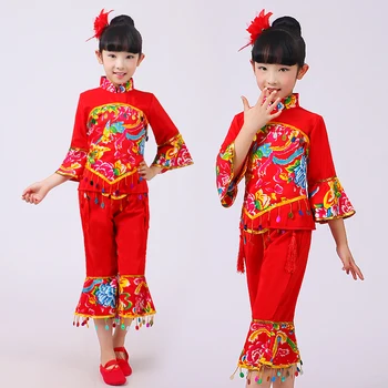 China A Efectua Tambur Costume Verde Culoare Roșie Copii Fan Yangko Clasice, Costume De Dans De Performanță Etapă De Îmbrăcăminte