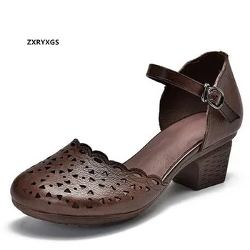 De Vânzare La Cald 2021 Noi De Vara Rotund Toe Naturale Piele Naturala Sandale Cu Tocuri Groase Eleganta De Moda Sandale Femei Pantofi Sandale